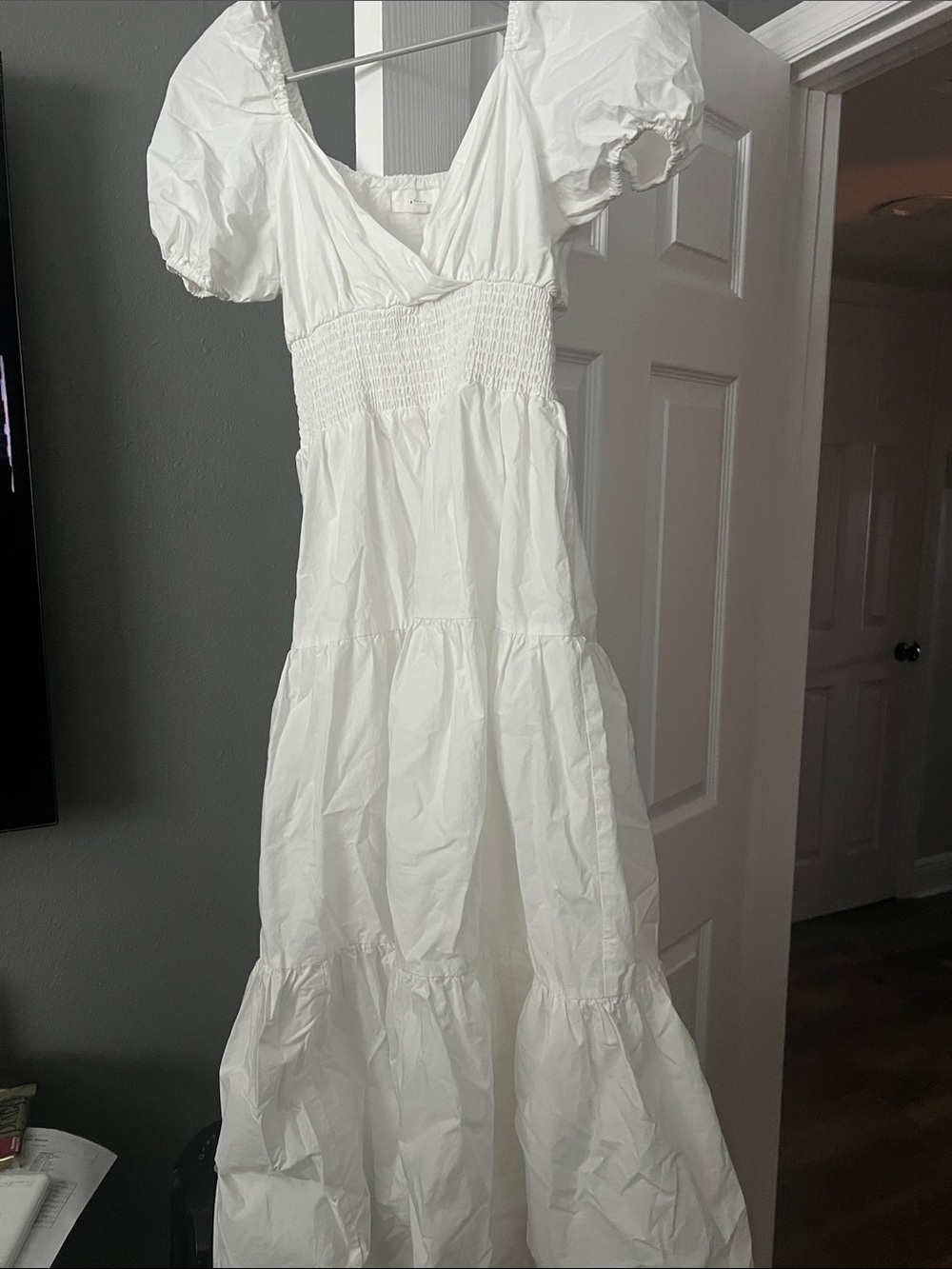 White Smocked Puff-Sleeve Maxi Dress